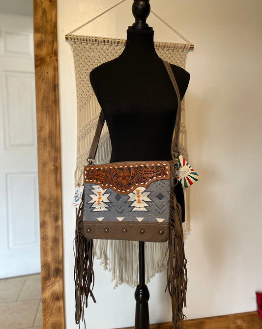 Tooled Leather Canvas Bag