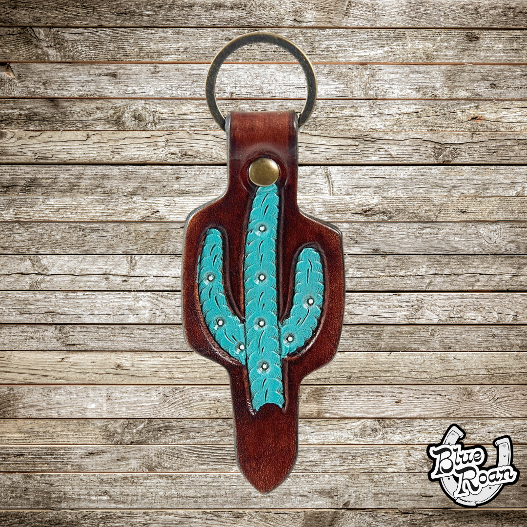 Turq Cactus Leather Keychain