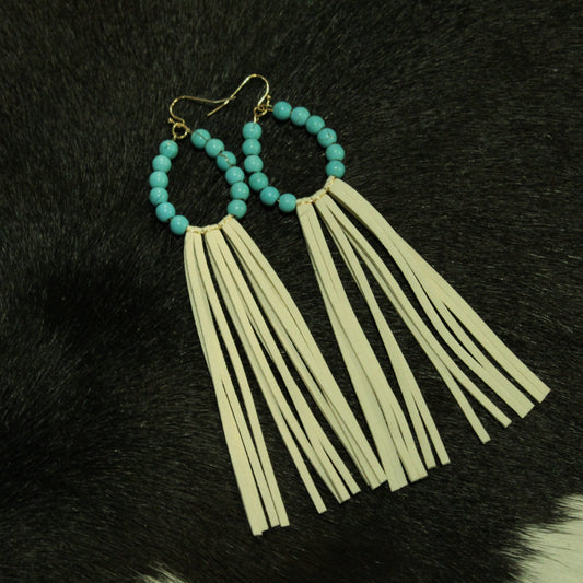 Turquoise and Cream Beaded Tassel Earrings